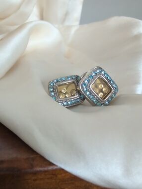 Vintage Silver-Tone Square Earrings with Blue Topaz Crystals